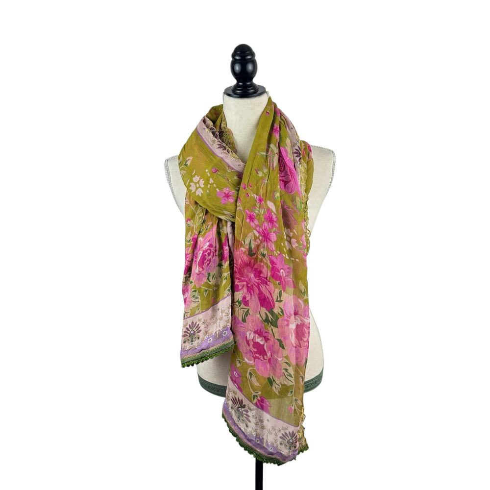 Green & Pink Floral Chiffon Wrap Scarf